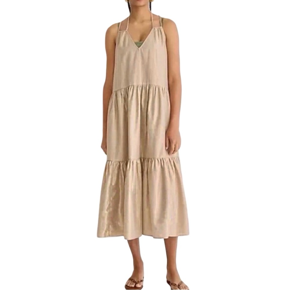 J. Crew Sz XS Metallic Gold cross-back halter tiered beach dress